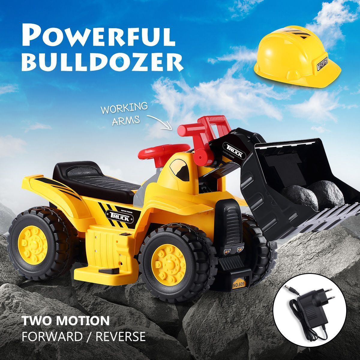 Kids Off Road Bulldozer 6V Electric Ride on Digger w/Toy Stones & Safety Helmet