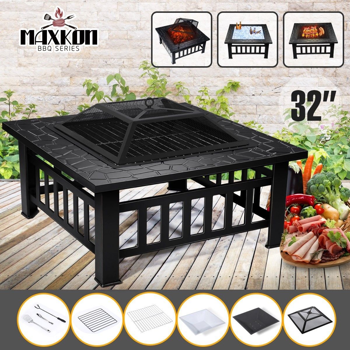 Maxkon 32" Fire Pit 3-in-1 Fireplace Brazier Patio Camping Heater w/Grill Shelf