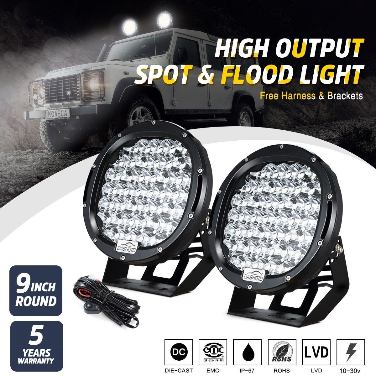 DASHOTO 2x9inch 36900w CREE Round spot LED driving Lamp High Density spotlights Headlight Spot Flood work light for Offroad 4WD Car Truck ATV suv 4x4 black new