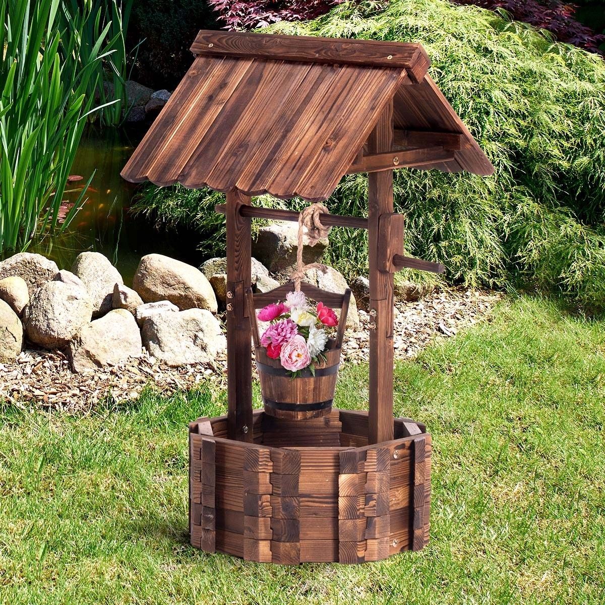 Outdoor Garden Wishing Well Planter Flower Bucket Patio Lawn Wooden Decor Rustic