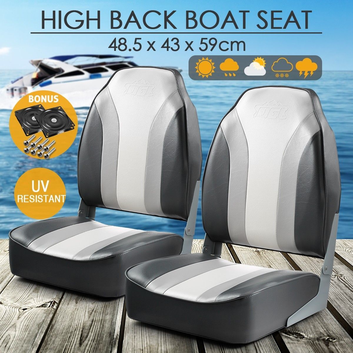 OGL 2 x High Back Folding Swivel Marine Fishing Boat Seats All-weather Chairs
