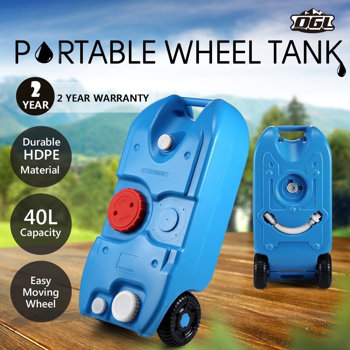 40L Wheel Water Tank Portable Outdoor Caravan Camping Motorhome Container - Blue