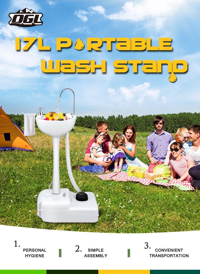 17L Portable Camping Basin Sink Hand Wash Stand Wheel Water Tank for Outdoor Trip - Gray