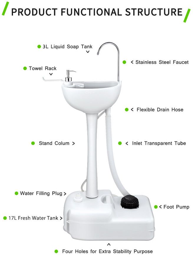 17L Portable Camping Basin Sink Hand Wash Stand Wheel Water Tank for Outdoor Trip - Gray