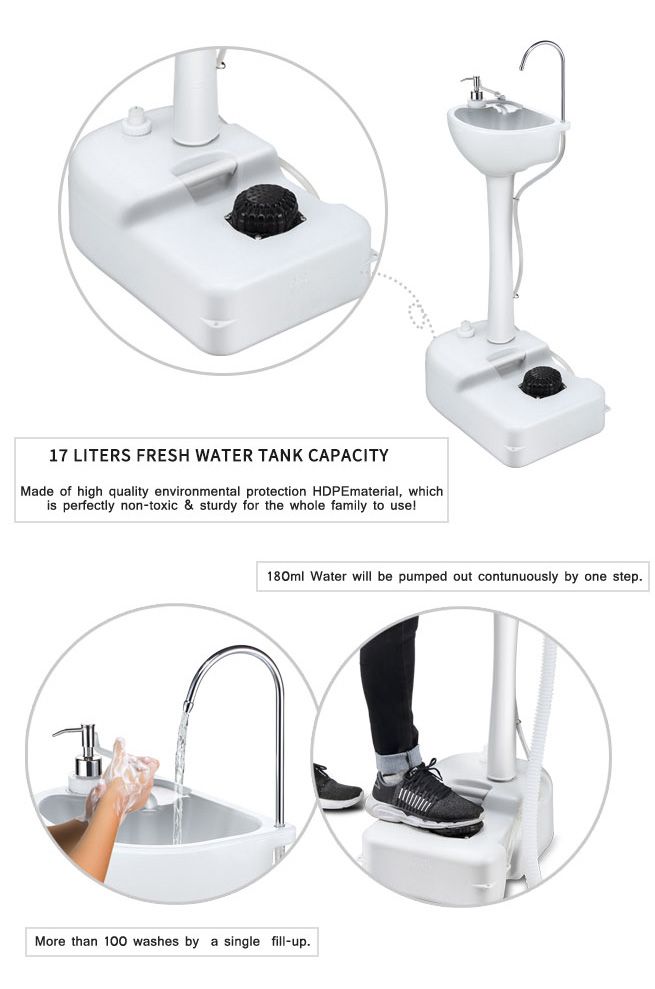 17L Portable Camping Basin Sink Hand Wash Stand Wheel Water Tank for Outdoor Trip - Gray