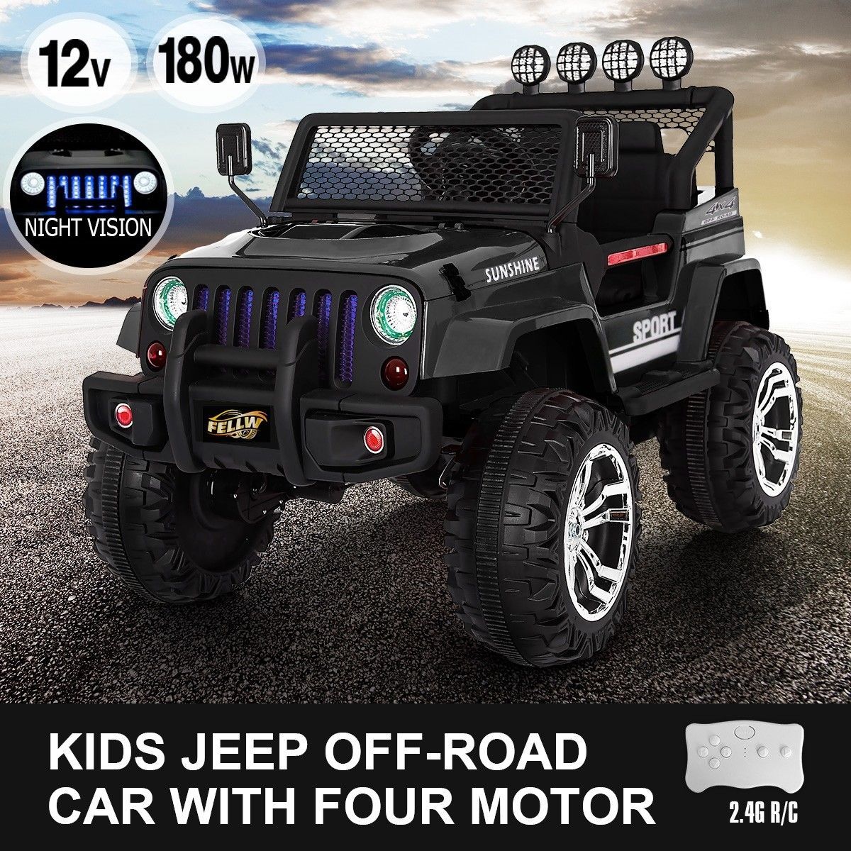 Kids Off Road Ride On Toy Electric Remote Control Truck Jeep w/Built-in Songs - Black