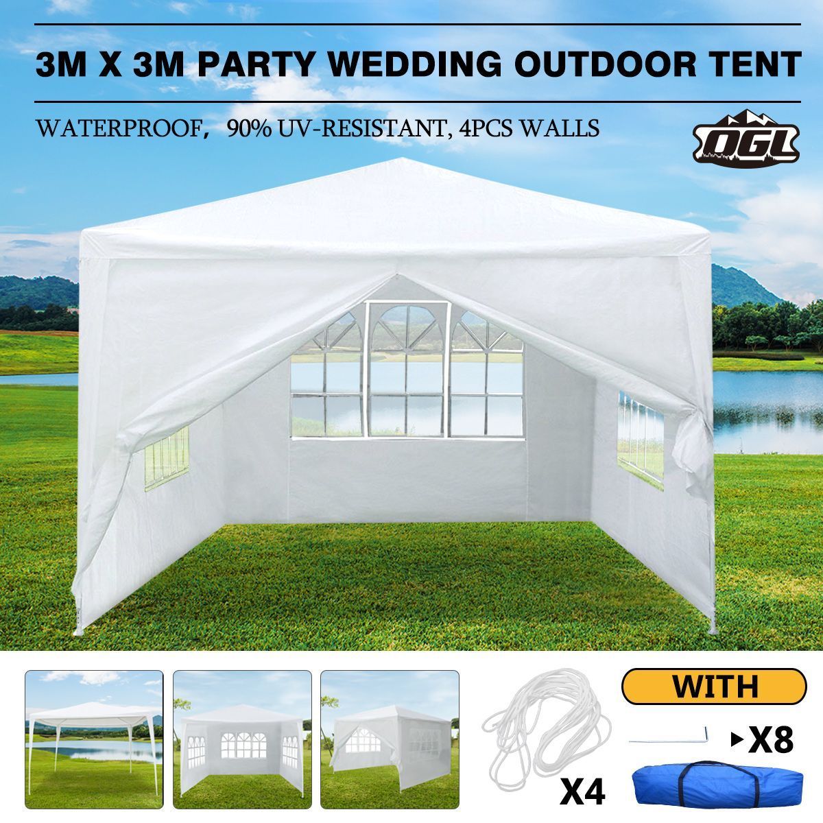OGL 3M x 3M Party Wedding Outdoor Tent Gazebo Canopy Events Pavilion w/3 Sidewalls and 1 Door