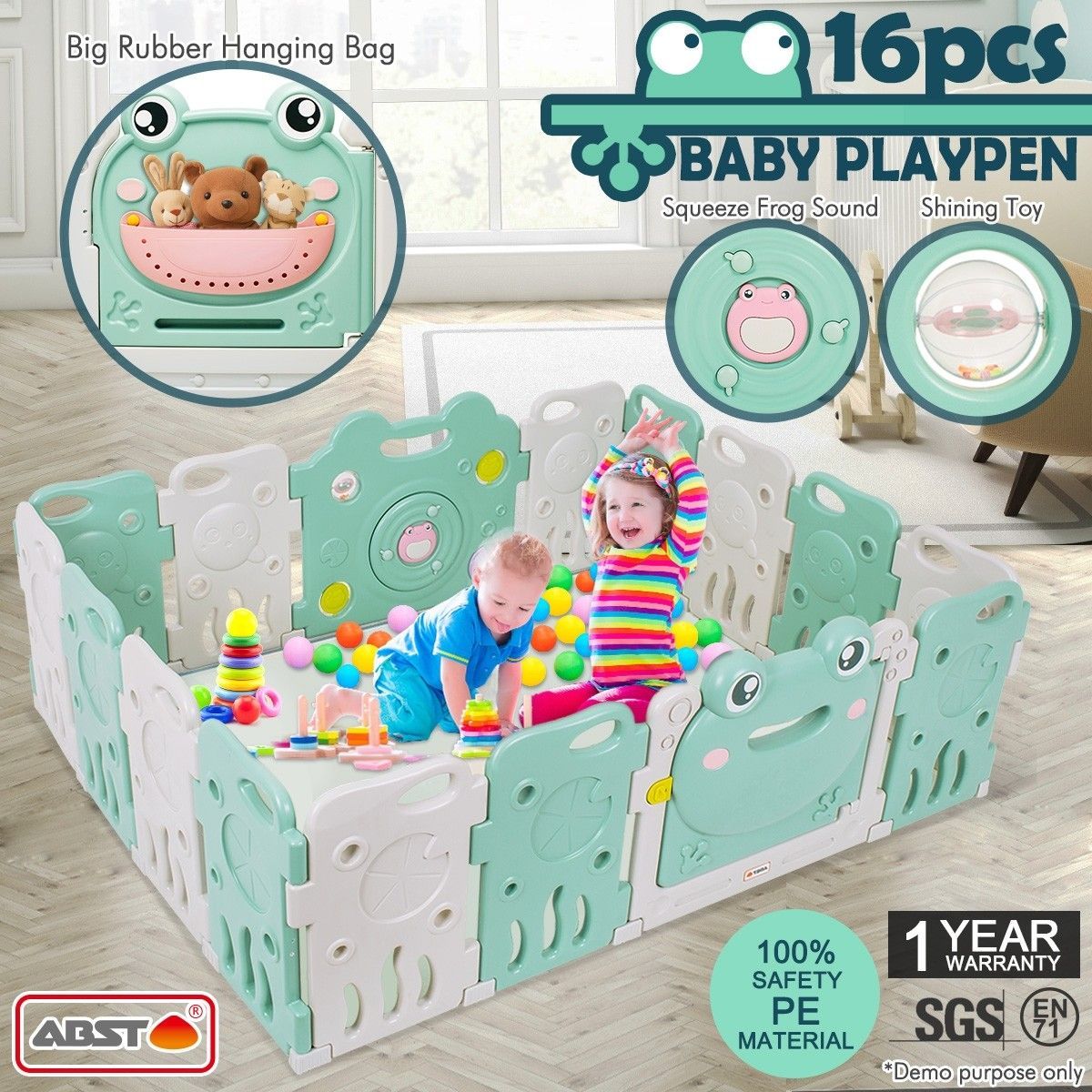 Baby Playpen Fence Room Interactive Activity Centre Enclosure Kids Safety Gates Toddler Play Yard Frog Design 16 Sided Panels