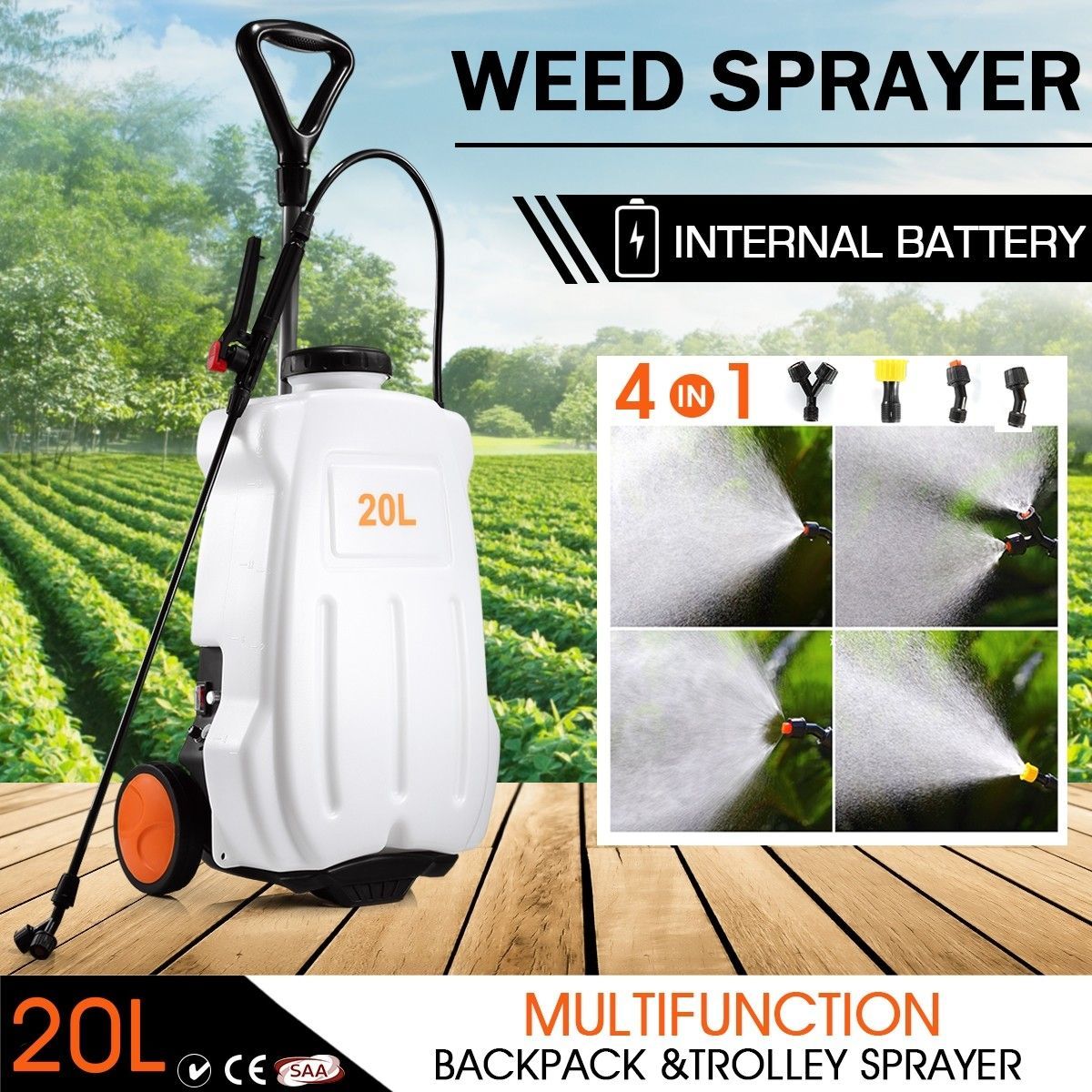 20L Weed Garden Wheel Backpack Sprayer w/4 Nozzle Pump Tank Hose Lance Belt