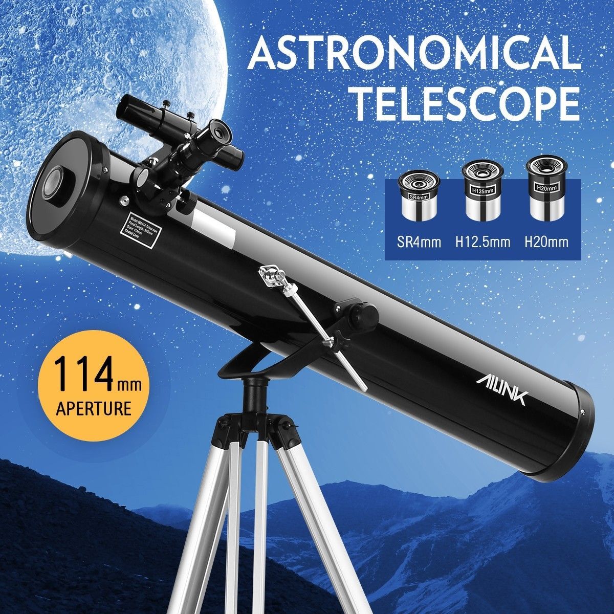 Astronomical Telescope Aperture 114mm 675x Zoom w/ Tripod - Black