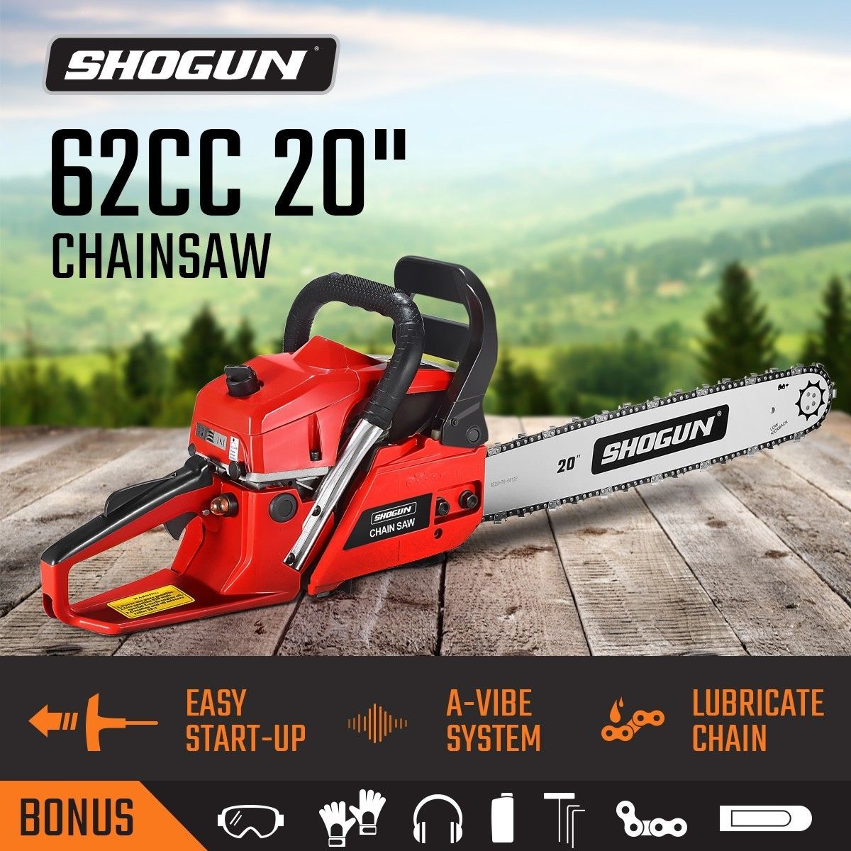 SHOGUN 62cc Petrol Commercial Chainsaw 2-Stroke 20" Bar Pruning Chain Saw