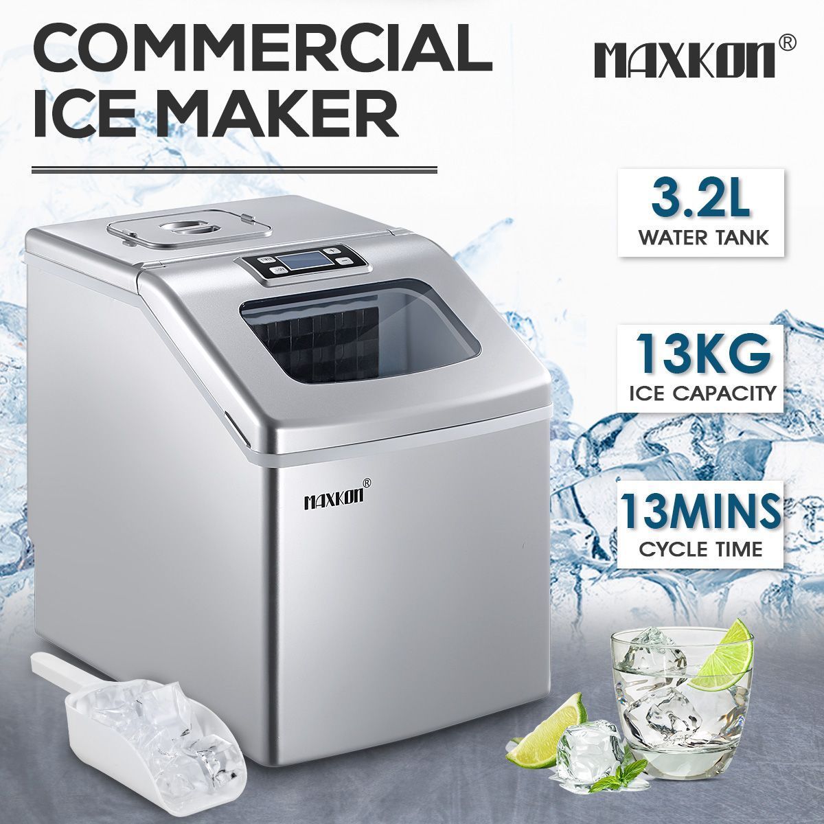 Maxkon 3.2L Portable Ice Cube Maker Machine Home Commercial Fast Benchtop Freezer