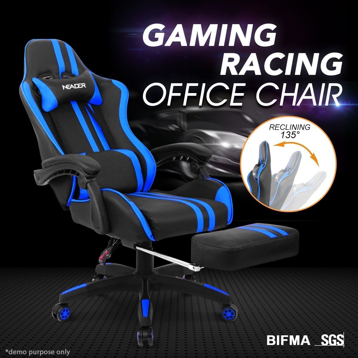 PU Office Computer Chair Ergonomic Gaming Sport Race Chair w/Footrest - Blue & Black