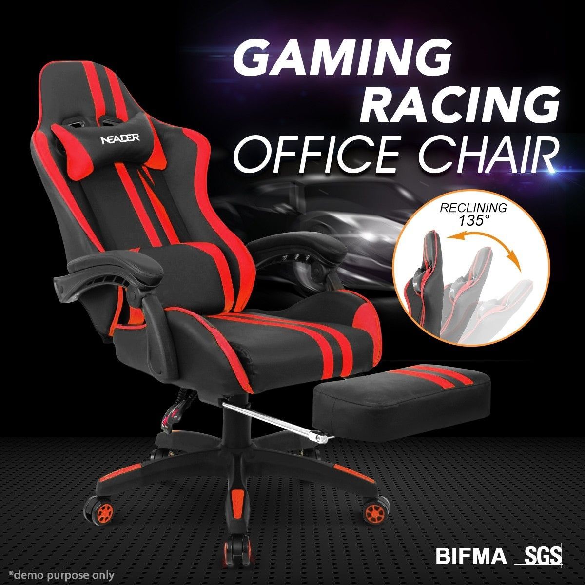 PU Office Computer Chair Ergonomic Gaming Sport Race Chair w/Footrest - Red & Black