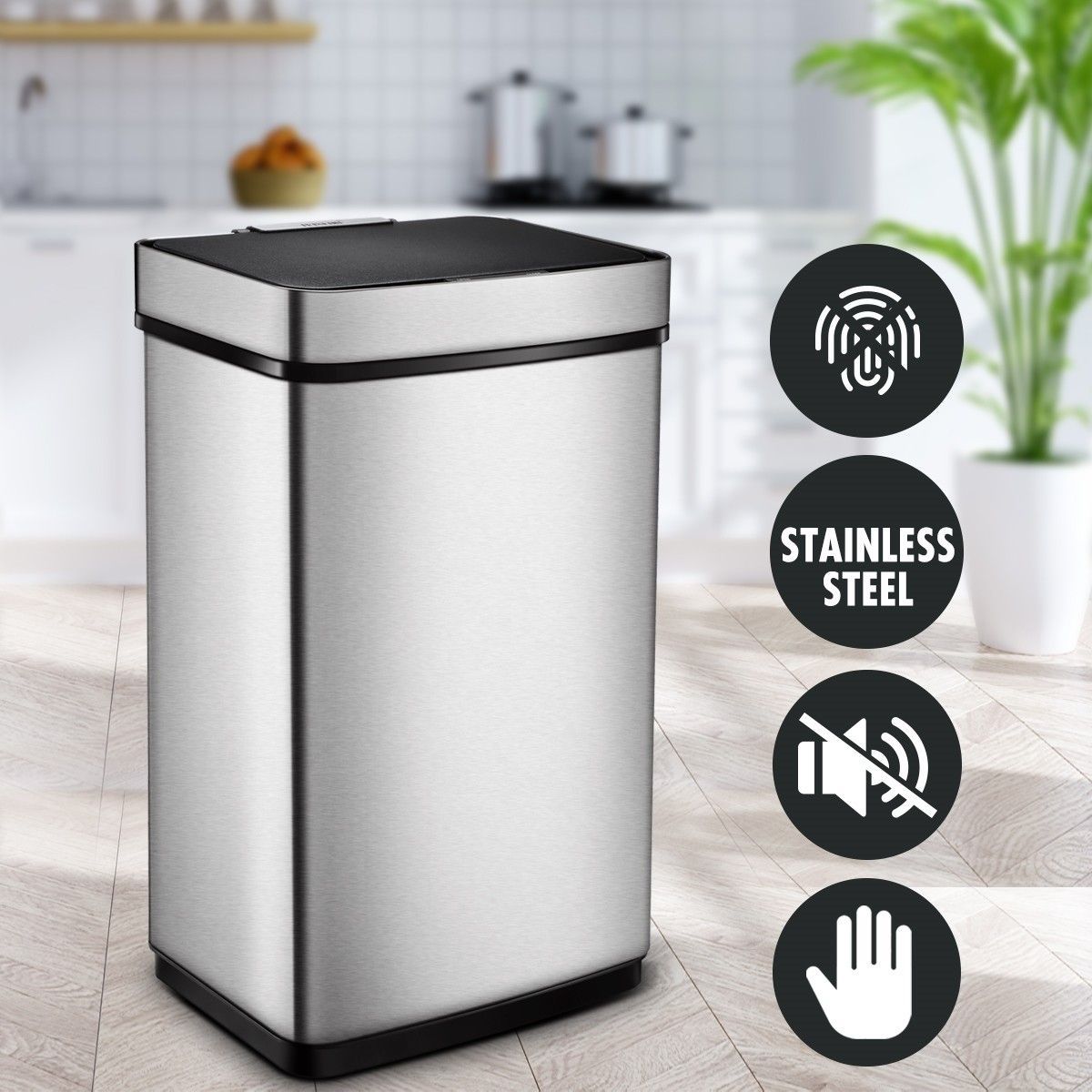 60L Motion Sensor Bin Automatic Touchless Stainless Steel Kitchen Waste Rubbish Trash Can - Silver