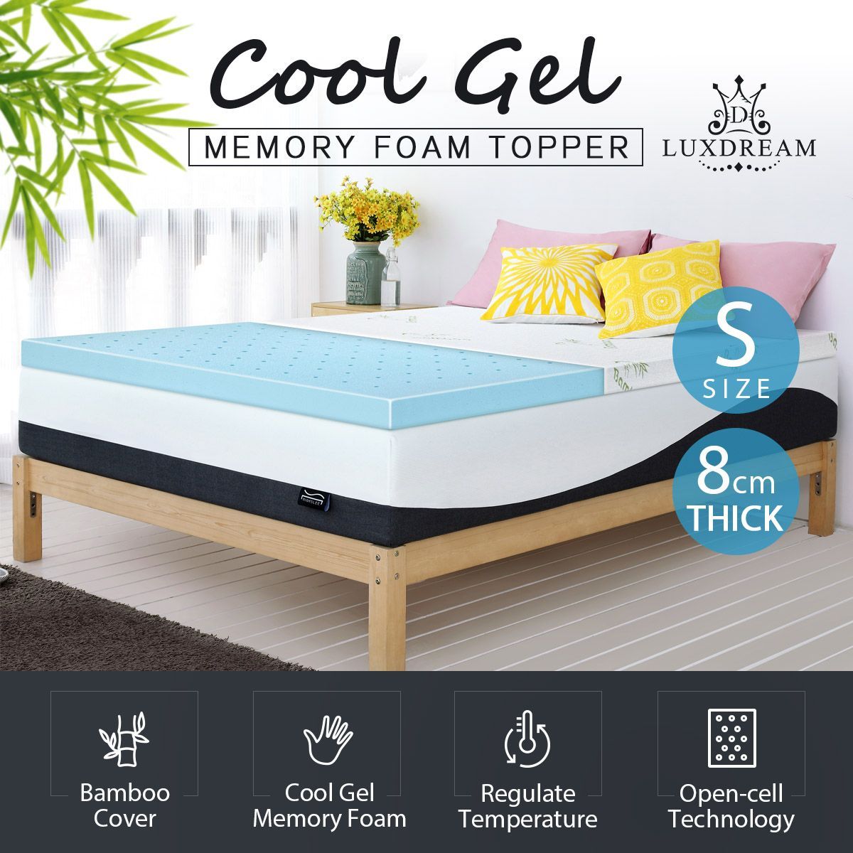 Cool Gel Topper Memory Foam Mattress Topper 8cm Single Bedding W/ Bamboo Cover