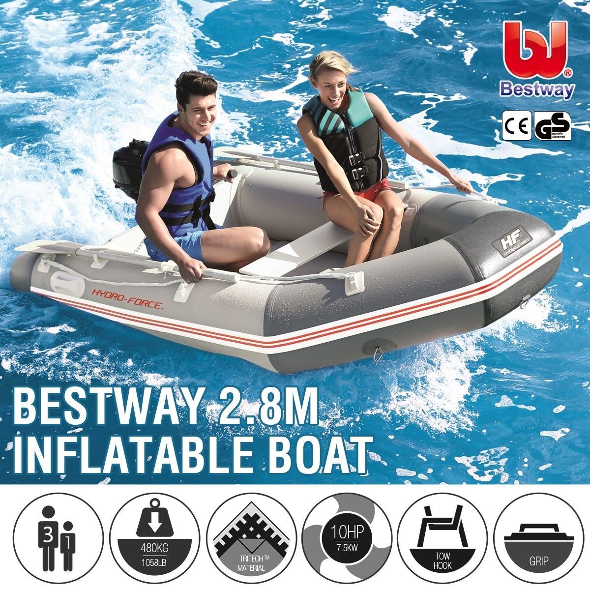 Bestway 2.8M Inflatable Boat Fishing Kayak Rib Dinghy Tender Raft W/Oars