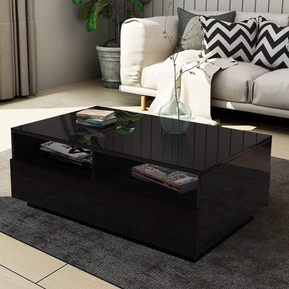 Modern Coffee Table 4 Drawer Storage Shelf High Gloss Furniture Wood Black