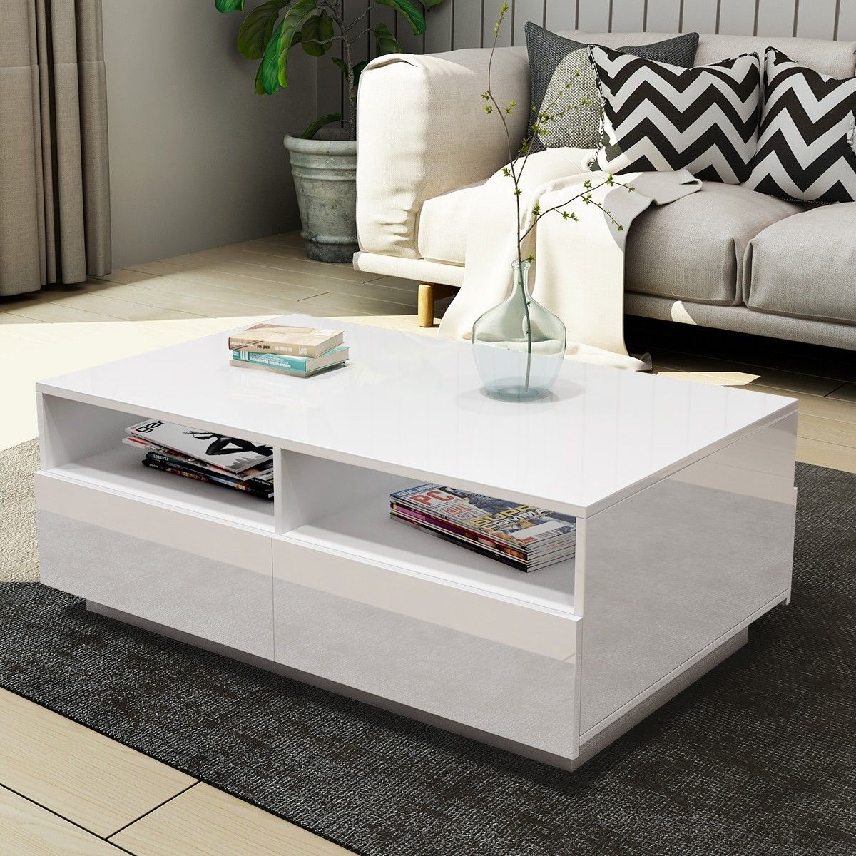 Modern Coffee Table 4 Drawer Storage Shelf High Gloss Furniture Wood White
