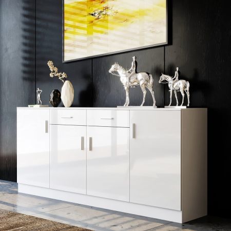 Modern Sideboard Buffet Storage Cabinet High Gloss Front 4 Doors Cupboard White