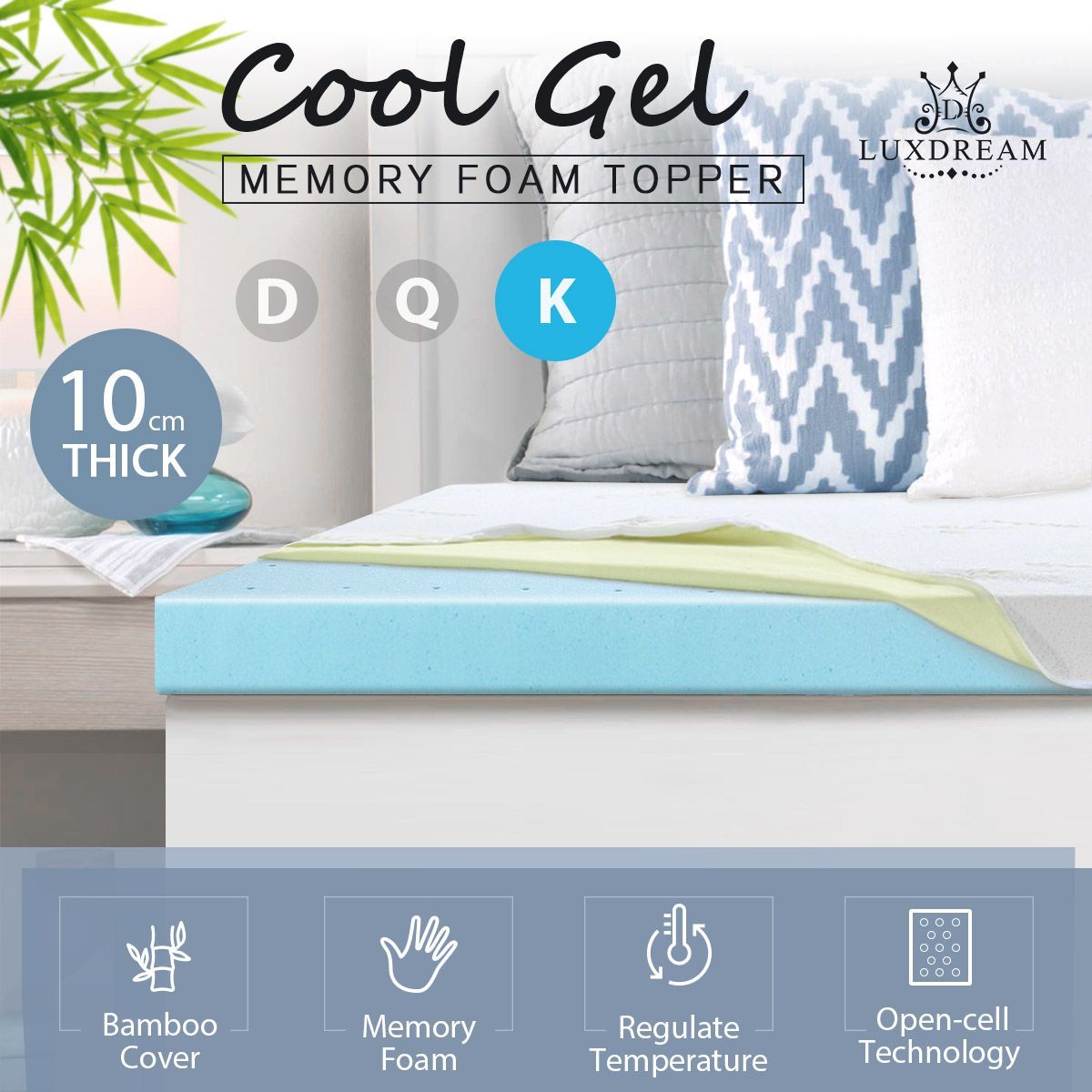 Super King Size Cool Gel Memory Foam Mattress Topper 10cm Underlay Bamboo Cover