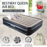 Bestway Queen Inflatable Flocked Mattress Tritech Airbed Built-in AC Pump & Pillow 203 x 152 x 46cm