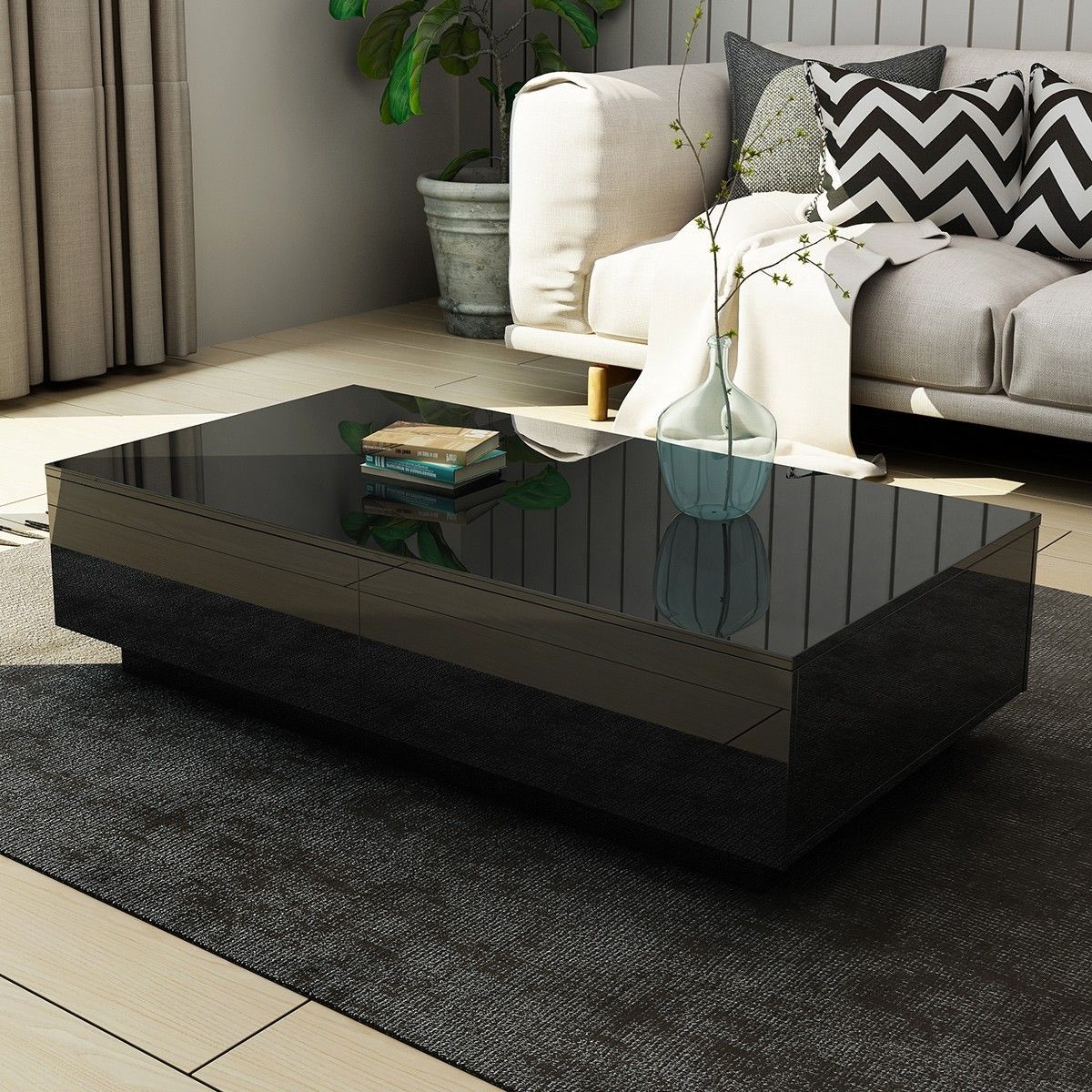 Modern Coffee Table 4-Drawer Side Table High Gloss Living Room Furniture - Black