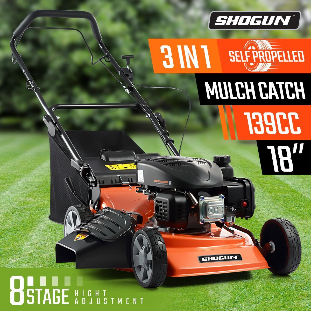 SHOGUN 3-In-1 Cordless Lawn Mower Self Propelled 18" 139cc 4 Stroke Petrol Lawnmower