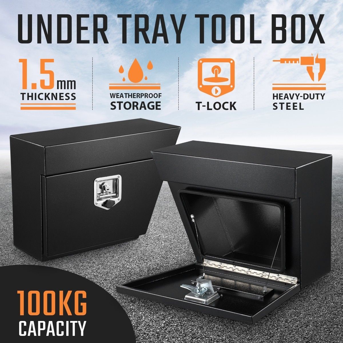 New Pair of Steel Under Tray Tool Boxes Truck Bed Box Underbody Toolbox Organizers - Black