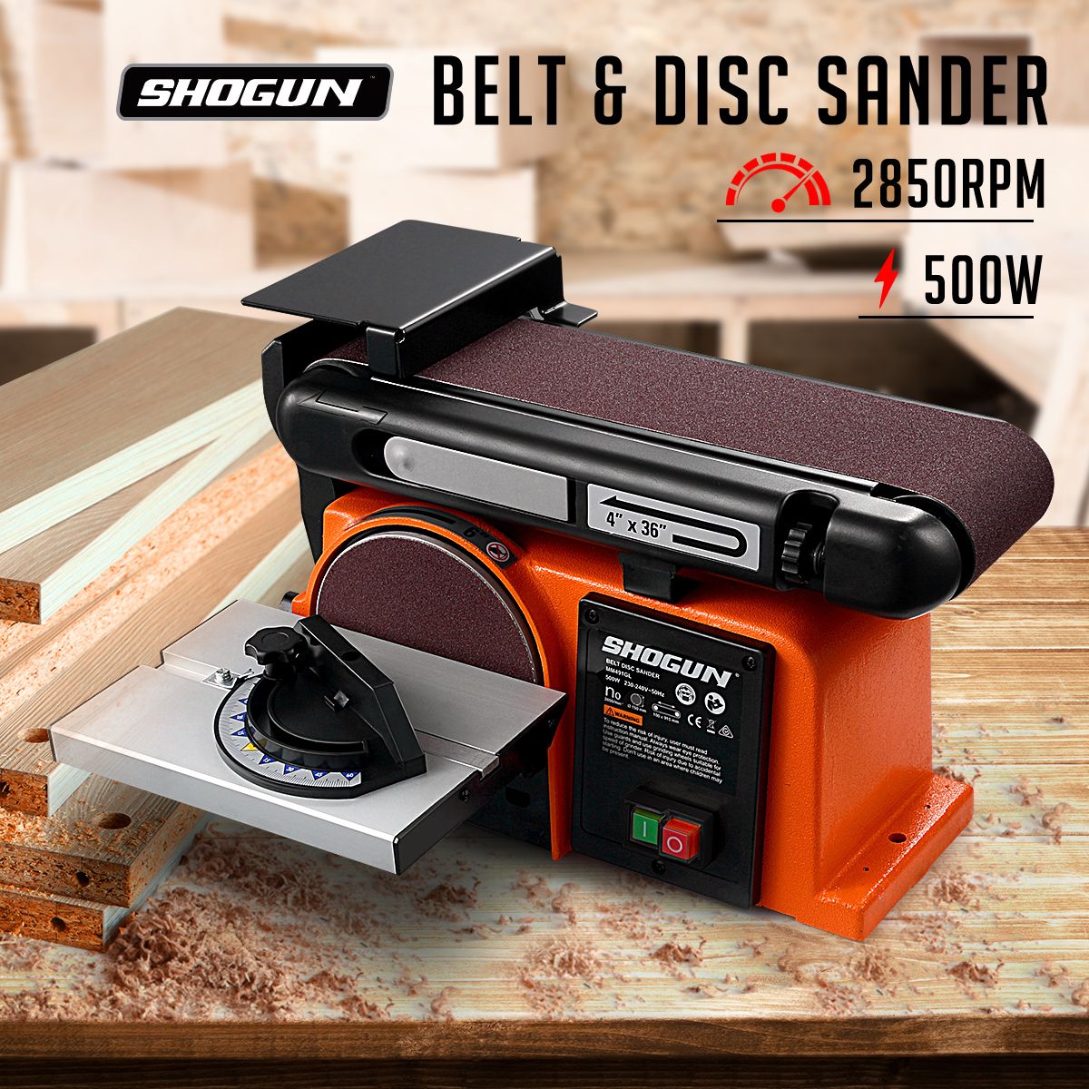 SHOGUN 500W Belt Disc Sander Power Tool Linisher Machine Grinder Bench Sanding 4x36 Belt 6 Disc