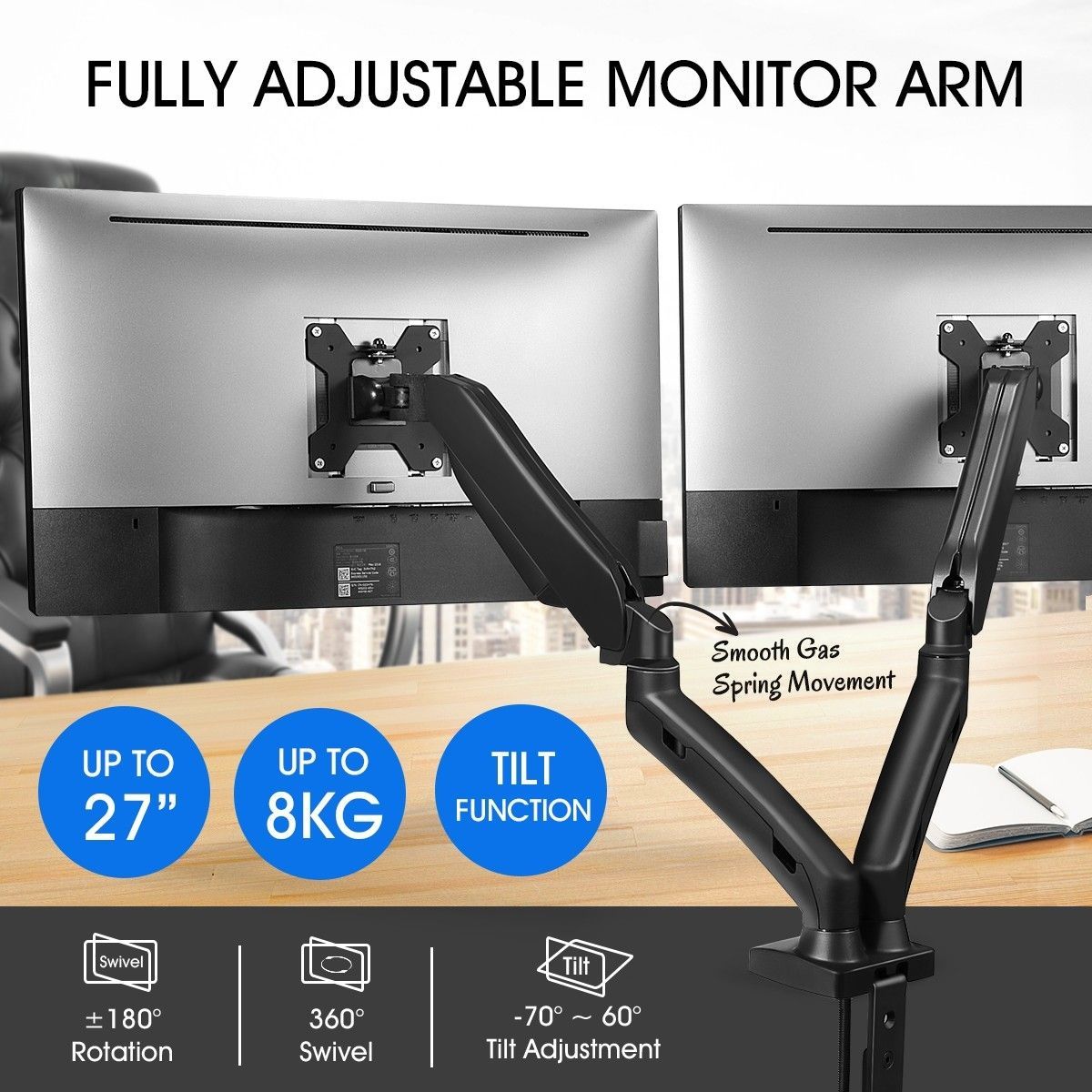 Dual LCD LED Monitor Arm Desk Mount Stand Display Gas Spring TV Screen Holder Bracket