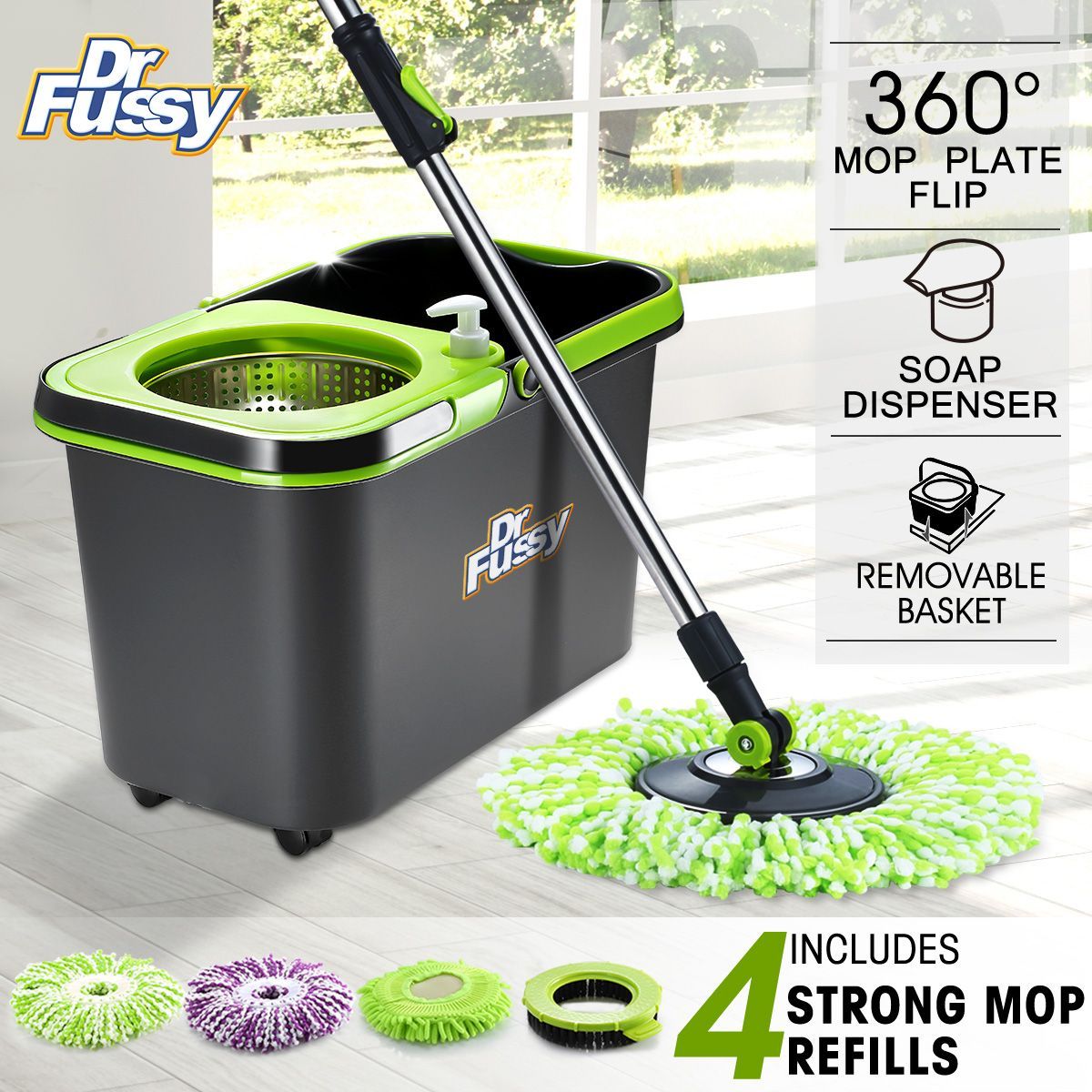 Spin Mop Bucket 360 Degree System Adjustable Handle With 4 Swivel Mops DR FUSSY