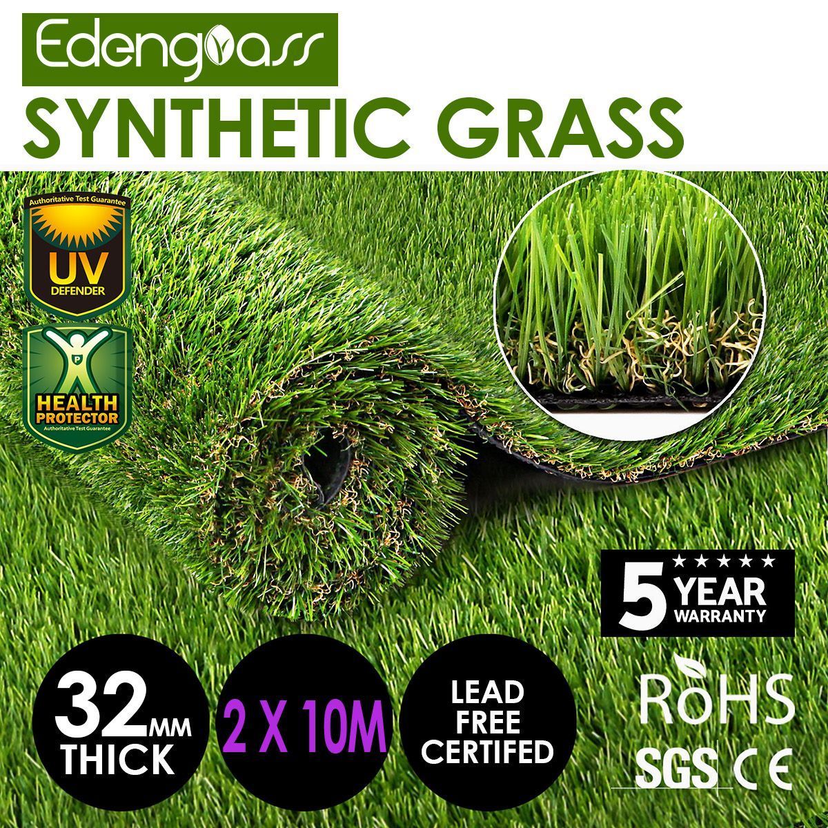 Edengrass 2Mx10M 32mm Artificial Grass Synthetic Turf Fake Lawn
