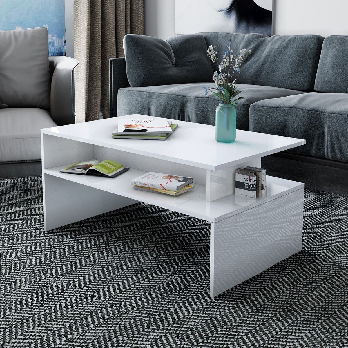 Modern Coffee Table Cabinet Storage Shelf High Gloss Wood Living Room Furniture - White