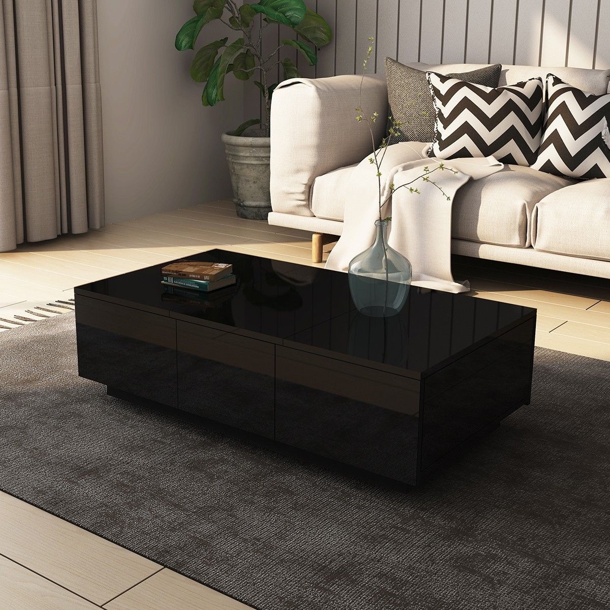 Modern 2 Drawer Coffee Table Cabinet Slide Top Storage High Gloss Wood Living Room Furniture - Black