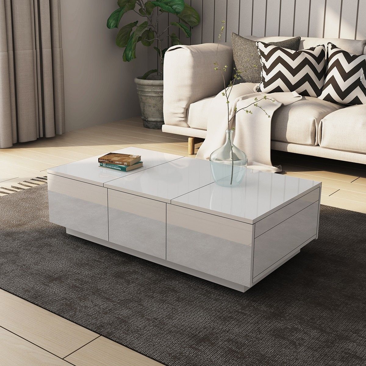 Modern 2 Drawer Coffee Table Cabinet Slide Top Storage High Gloss Wood Living Room Furniture - White