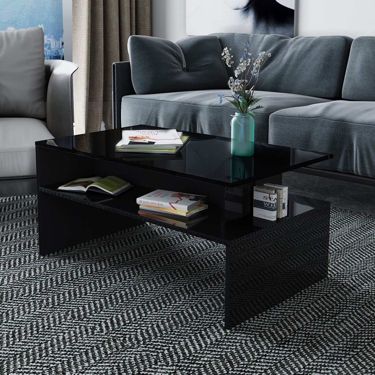 Modern Coffee Table Cabinet Storage Shelf High Gloss Wood Living Room Furniture - Black