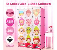 Kids DIY 12 Cubes Storage W/ 3 Shoes Rack Bedroom Cabinet Closet Origanizer-Pink