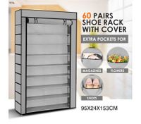 10 Tier Portable Shoe Rack with Woven Cloth Cover-60 Pairs-Silver/Grey