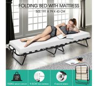Portable Folding Camping Bed with White Mattress Indoor/Outdoor -Single