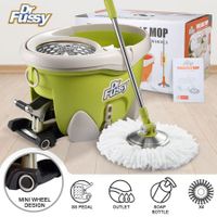 DR FUSSY 12L Walkable Spin Swivel Mop Bucket System with 4 Bonus Heads & Wheeled Bucket - Green