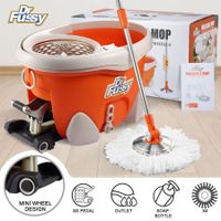 DR FUSSY 12L Walkable Spin Swivel Mop Bucket System with 4 Bonus Heads & Wheeled Bucket - Orange