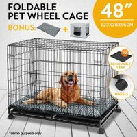 Metal Dog Cage Cat Crate Pet Doggy House Kennel Puppy Rabbit Home Indoor Collapsible Wheeled 2 Trays Cushion Cover 48"