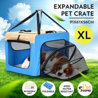 Expandable Pet Carrier Foldable Dog Cage Steel Frame Cat Crate with Mat - Blue & Beige XL Size