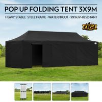 OGL 3x9M Pop up Outdoor Gazebo Folding Tent Waterproof Marquee Canopy Party Wedding Tent - Black