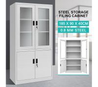 Filing Cabinet Lockable Steel Storage Cupboard w/2 Transparent Doors - Grey White