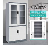 Filing Cabinet Lockable Steel Storage Cupboard w/2 Transparent Doors - Dark Grey and White