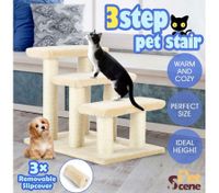 3 Steps Dog Stairs Cat Scratching Post Pet Ramp Ladder w/Washable Cover - White
