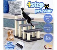 4 Steps Dog Stairs Cat Scratching Post Pet Ramp Ladder w/Washable Cover - Brown