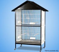 Bird Parrot Cage - Black Metal Frame with White Cage & House Style Roof